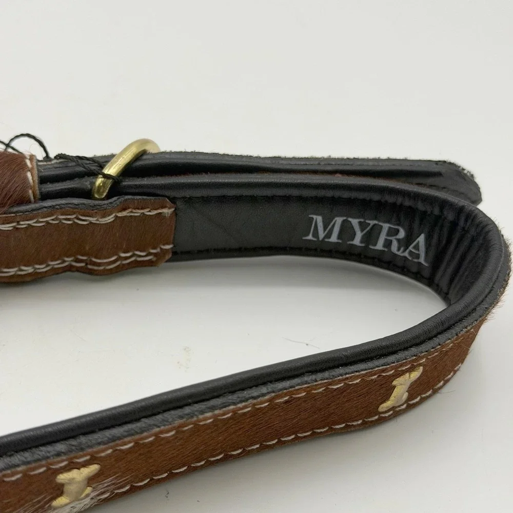Myra Bag Hair-on-Hide Dog Collar Brown White Spotted Cowhide Bone Studs NEW XL